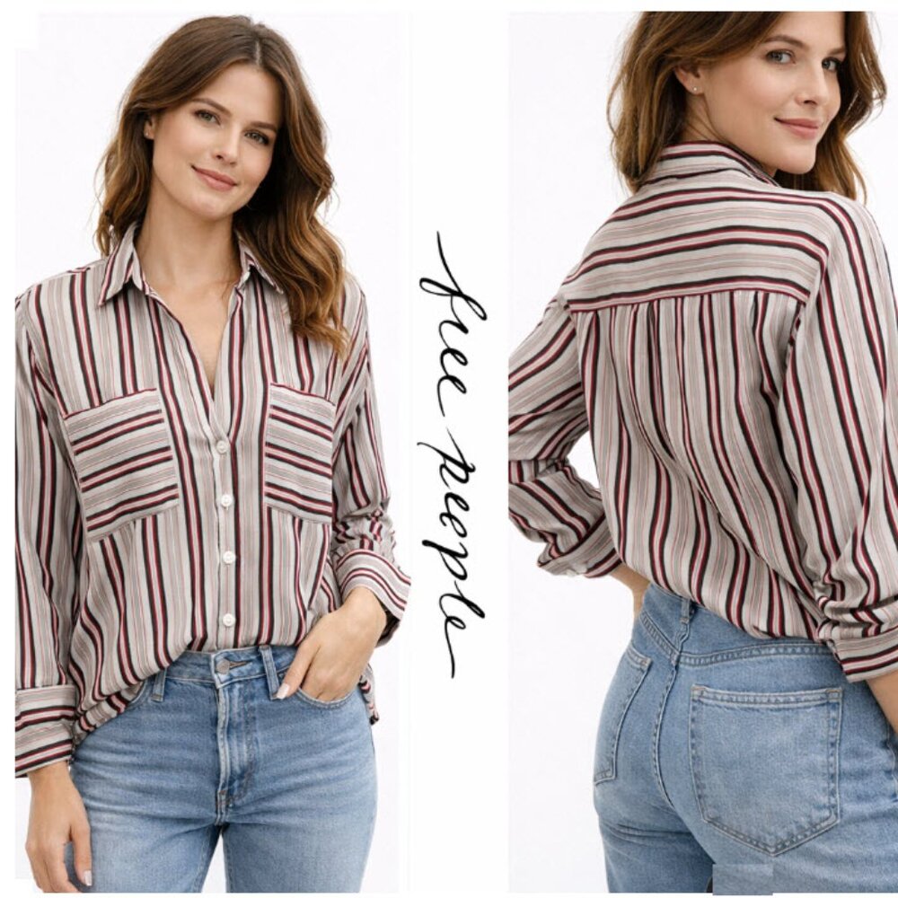 Free People Mad About You Button Up Striped Oversized Blouse Relaxed Boxy Small